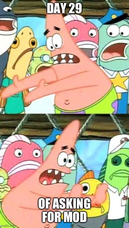 Put It Somewhere Else Patrick | DAY 29; OF ASKING FOR MOD | image tagged in memes,put it somewhere else patrick | made w/ Imgflip meme maker