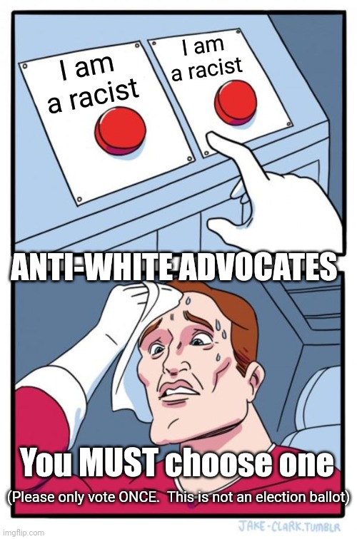 Two Buttons Meme | I am a racist I am a racist ANTI-WHITE ADVOCATES You MUST choose one (Please only vote ONCE.  This is not an election ballot) | image tagged in memes,two buttons | made w/ Imgflip meme maker