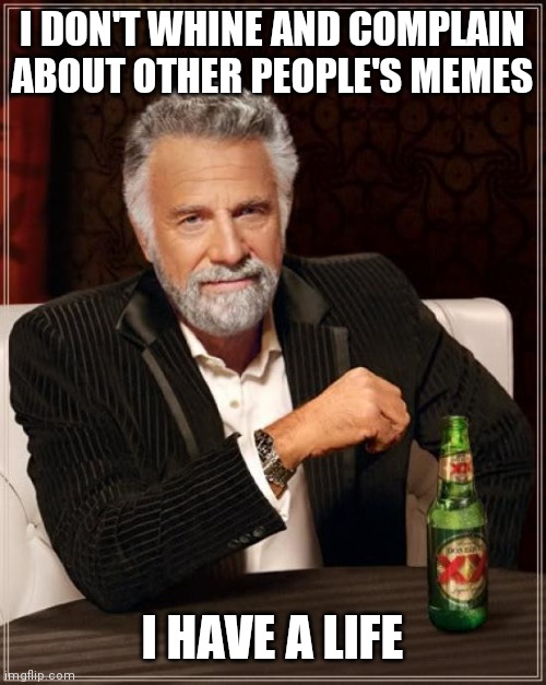 Whine and complain | I DON'T WHINE AND COMPLAIN ABOUT OTHER PEOPLE'S MEMES; I HAVE A LIFE | image tagged in memes,the most interesting man in the world | made w/ Imgflip meme maker