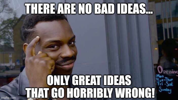 Roll Safe Think About It Meme | THERE ARE NO BAD IDEAS... ONLY GREAT IDEAS 
THAT GO HORRIBLY WRONG! | image tagged in memes,roll safe think about it | made w/ Imgflip meme maker