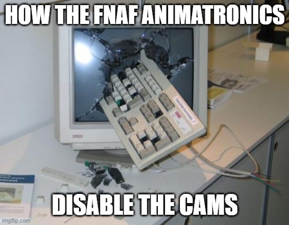 FNAF rage | HOW THE FNAF ANIMATRONICS; DISABLE THE CAMS | image tagged in fnaf rage | made w/ Imgflip meme maker