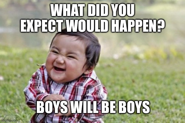 Evil Toddler Meme | WHAT DID YOU EXPECT WOULD HAPPEN? BOYS WILL BE BOYS | image tagged in memes,evil toddler | made w/ Imgflip meme maker