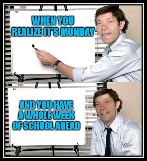 WHEN YOU REALIZE IT'S MONDAY; AND YOU HAVE A WHOLE WEEK OF SCHOOL AHEAD | image tagged in guy at whiteboard | made w/ Imgflip meme maker