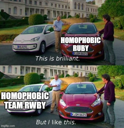 This Is Brilliant But I Like This | HOMOPHOBIC RUBY; HOMOPHOBIC TEAM RWBY | image tagged in this is brilliant but i like this,Cardinposting | made w/ Imgflip meme maker