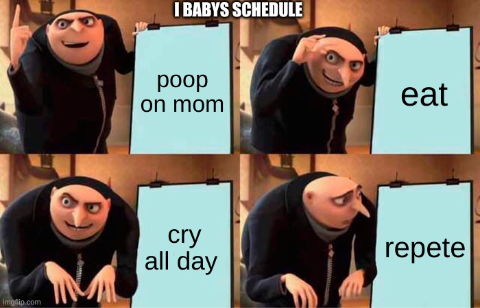 Gru's Plan | I BABYS SCHEDULE; poop on mom; eat; repete; cry all day | image tagged in memes,gru's plan | made w/ Imgflip meme maker