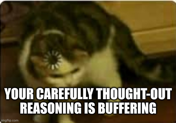 Buffering cat | YOUR CAREFULLY THOUGHT-OUT REASONING IS BUFFERING | image tagged in buffering cat | made w/ Imgflip meme maker