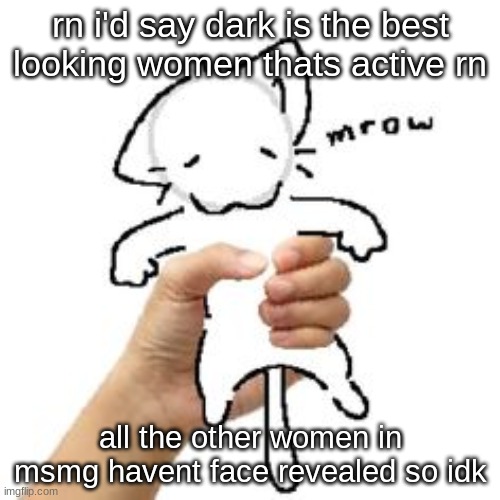 mrow | rn i'd say dark is the best looking women thats active rn; all the other women in msmg havent face revealed so idk | image tagged in mrow | made w/ Imgflip meme maker