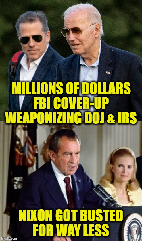 Lower standards | MILLIONS OF DOLLARS
FBI COVER-UP
WEAPONIZING DOJ & IRS; NIXON GOT BUSTED
FOR WAY LESS | image tagged in biden | made w/ Imgflip meme maker