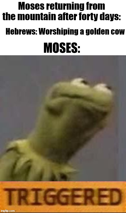 Bruh moment | Moses returning from the mountain after forty days:; Hebrews: Worshiping a golden cow; MOSES: | image tagged in kermit triggered,moses | made w/ Imgflip meme maker