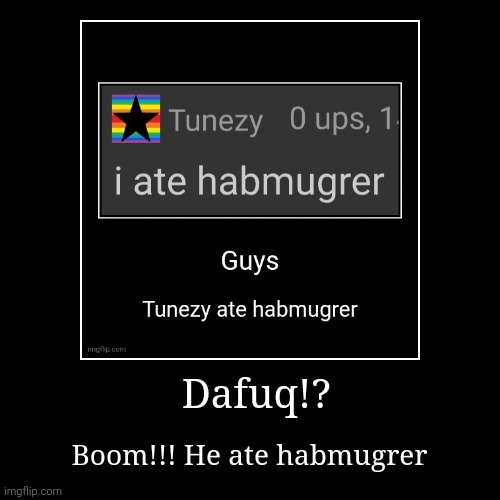 Dafuq!? | Boom!!! He ate habmugrer | image tagged in funny,demotivationals | made w/ Imgflip demotivational maker