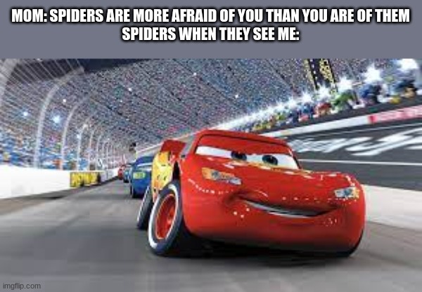 KACHOW | MOM: SPIDERS ARE MORE AFRAID OF YOU THAN YOU ARE OF THEM
SPIDERS WHEN THEY SEE ME: | image tagged in memes,spider,cars,lightning mcqueen | made w/ Imgflip meme maker