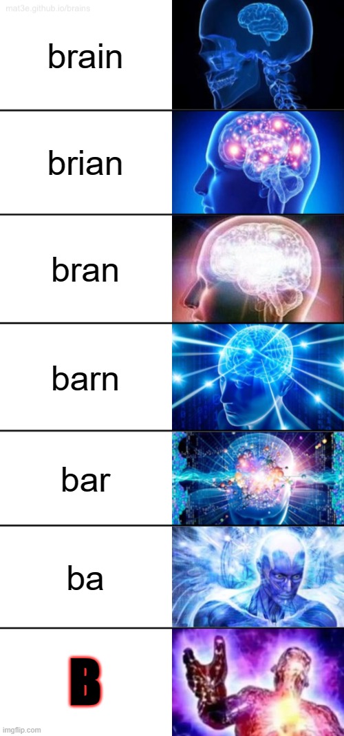 BBBBBBBBBBBBBBBBB | brain; brian; bran; barn; bar; ba; B | image tagged in 7-tier expanding brain | made w/ Imgflip meme maker