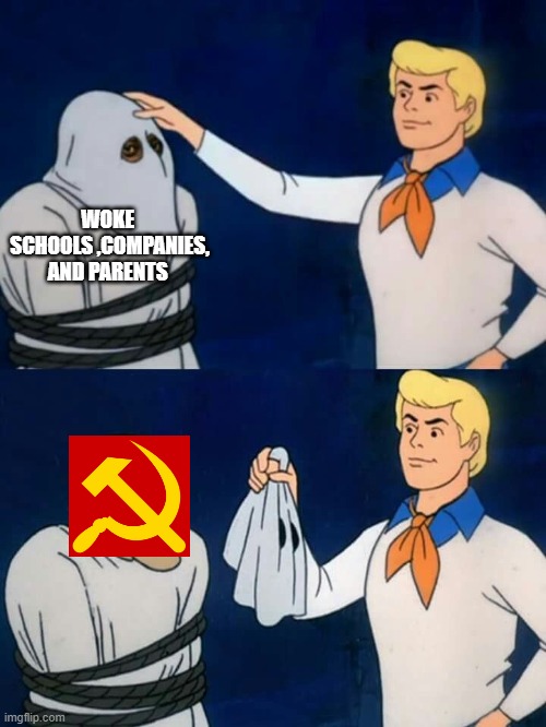 its just Communism is disguise | WOKE  SCHOOLS ,COMPANIES, AND PARENTS | image tagged in scooby doo mask reveal | made w/ Imgflip meme maker