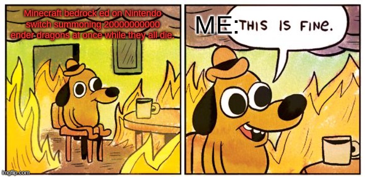 This Is Fine Meme | ME:; Minecraft bedrock ed on Nintendo switch summoning 20000000000 ender dragons at once while they all die. | image tagged in memes,this is fine | made w/ Imgflip meme maker