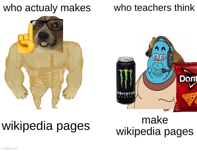 imagine teaching the wrong thing | who actualy makes; who teachers think; wikipedia pages; make wikipedia pages | image tagged in memes,buff doge vs cheems | made w/ Imgflip meme maker