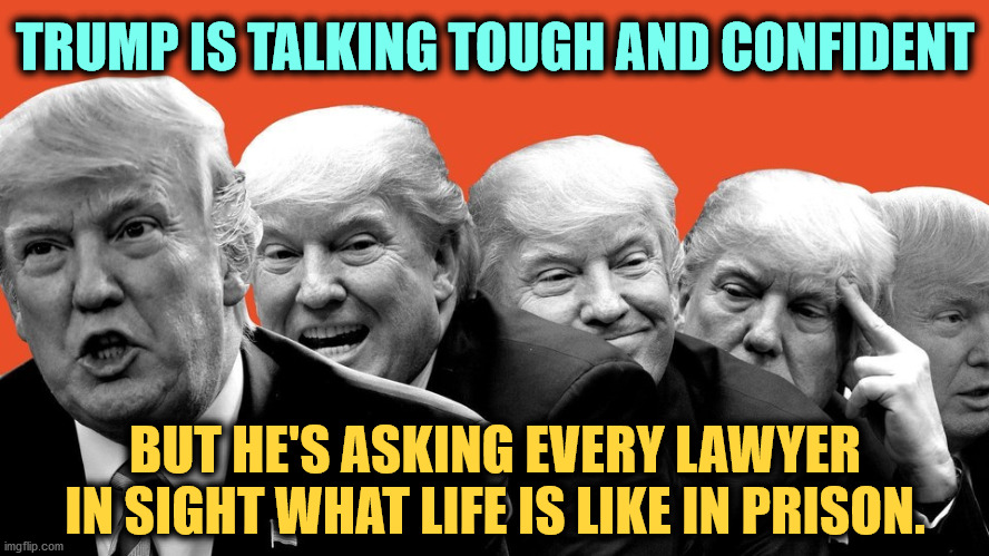 He's frightened. | TRUMP IS TALKING TOUGH AND CONFIDENT; BUT HE'S ASKING EVERY LAWYER IN SIGHT WHAT LIFE IS LIKE IN PRISON. | image tagged in trump,fake,tough,scared,jail,prison | made w/ Imgflip meme maker