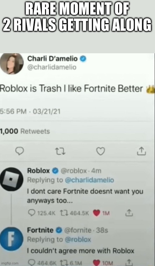 Roblox and Fortnite are nice, but Minecraft is better | RARE MOMENT OF 2 RIVALS GETTING ALONG | image tagged in roblox,fortnite | made w/ Imgflip meme maker