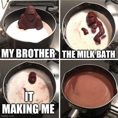 No he gone | MY BROTHER; THE MILK BATH; IT MAKING ME | image tagged in chocolate gorilla | made w/ Imgflip meme maker