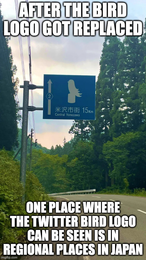 Japanese Road Sign With Board | AFTER THE BIRD LOGO GOT REPLACED; ONE PLACE WHERE THE TWITTER BIRD LOGO CAN BE SEEN IS IN REGIONAL PLACES IN JAPAN | image tagged in road sign,memes | made w/ Imgflip meme maker
