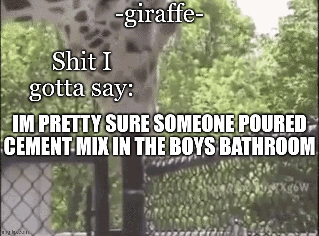 -giraffe- | IM PRETTY SURE SOMEONE POURED CEMENT MIX IN THE BOYS BATHROOM | image tagged in -giraffe- | made w/ Imgflip meme maker