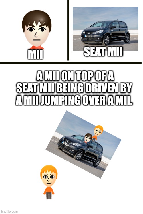 Mii | SEAT MII; MII; A MII ON TOP OF A SEAT MII BEING DRIVEN BY A MII JUMPING OVER A MII. | image tagged in mii | made w/ Imgflip meme maker