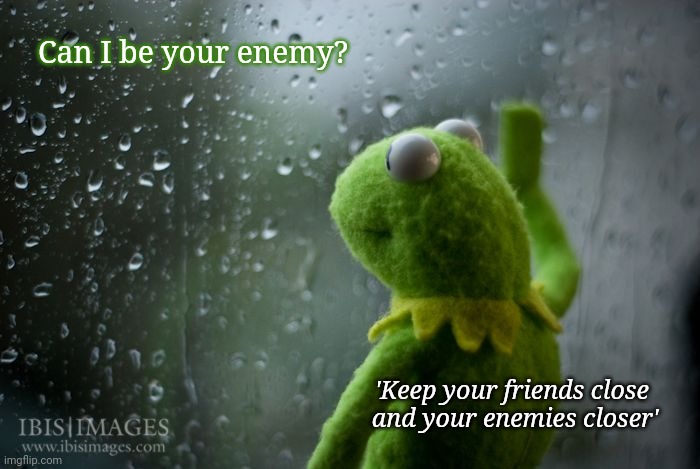 Can I Be Your Enemy? | Can I be your enemy? 'Keep your friends close 
and your enemies closer' | image tagged in kermit window | made w/ Imgflip meme maker