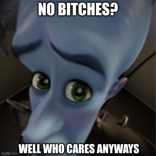 No bitches? | NO BITCHES? WELL WHO CARES ANYWAYS | image tagged in megamind peeking | made w/ Imgflip meme maker