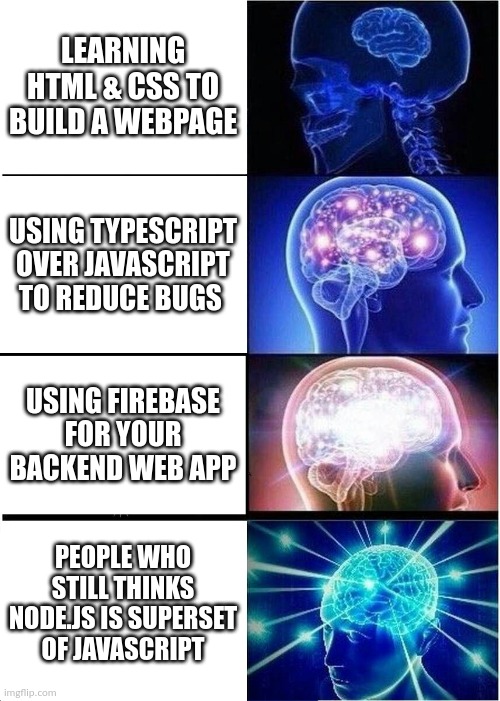 Javascript and node.js | LEARNING HTML & CSS TO BUILD A WEBPAGE; USING TYPESCRIPT OVER JAVASCRIPT TO REDUCE BUGS; USING FIREBASE FOR YOUR BACKEND WEB APP; PEOPLE WHO STILL THINKS NODE.JS IS SUPERSET OF JAVASCRIPT | image tagged in memes,expanding brain | made w/ Imgflip meme maker