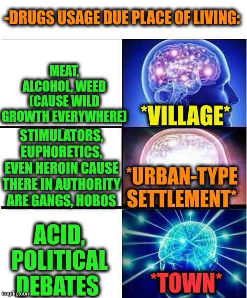 -It depends on a territory. | -DRUGS USAGE DUE PLACE OF LIVING:; *VILLAGE*; MEAT, ALCOHOL, WEED (CAUSE WILD GROWTH EVERYWHERE); STIMULATORS, EUPHORETICS, EVEN HEROIN CAUSE THERE IN AUTHORITY ARE GANGS, HOBOS; *URBAN-TYPE SETTLEMENT*; ACID, POLITICAL DEBATES; *TOWN* | image tagged in expanding brain 3 panels,don't do drugs,police chasing guy,police brutality,annoying villagers,lazy town | made w/ Imgflip meme maker