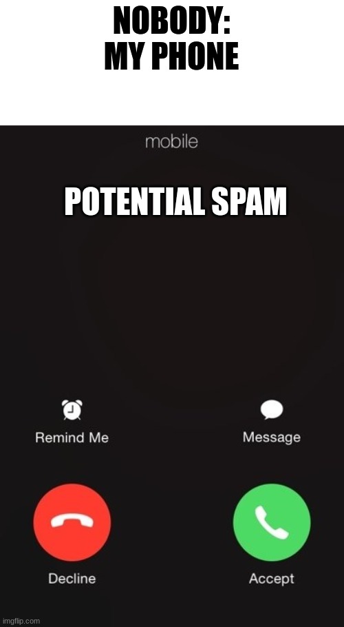 It always shows this (or the # that is calling) | NOBODY:
MY PHONE; POTENTIAL SPAM | image tagged in incoming call | made w/ Imgflip meme maker