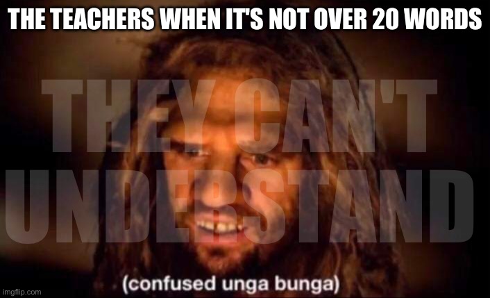 Confused Unga Bunga | THE TEACHERS WHEN IT'S NOT OVER 20 WORDS THEY CAN'T UNDERSTAND | image tagged in confused unga bunga | made w/ Imgflip meme maker