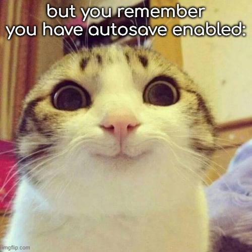 Smiling Cat Meme | but you remember you have autosave enabled: | image tagged in memes,smiling cat | made w/ Imgflip meme maker