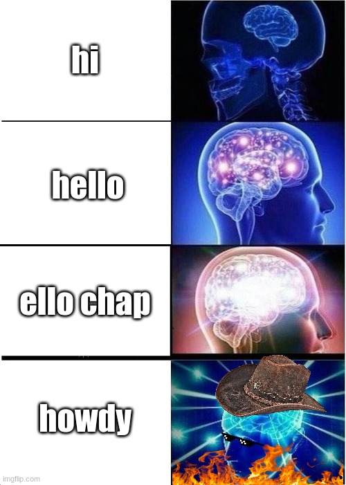 how to say "hi" | hi; hello; ello chap; howdy | image tagged in memes,expanding brain,how to say hi,hello there,howdy,stop reading the tags | made w/ Imgflip meme maker