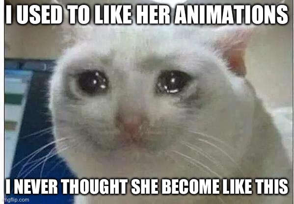 crying cat | I USED TO LIKE HER ANIMATIONS I NEVER THOUGHT SHE BECOME LIKE THIS | image tagged in crying cat | made w/ Imgflip meme maker