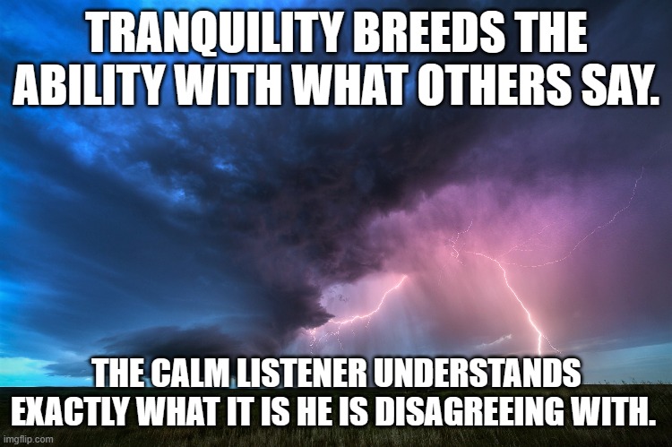 TRANQUILITY BREEDS THE ABILITY WITH WHAT OTHERS SAY. THE CALM LISTENER UNDERSTANDS EXACTLY WHAT IT IS HE IS DISAGREEING WITH. | made w/ Imgflip meme maker