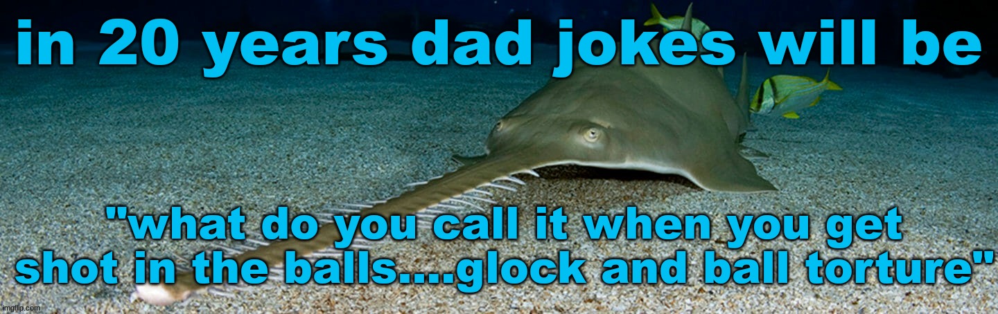 Cool sawfish | in 20 years dad jokes will be; "what do you call it when you get shot in the balls....glock and ball torture" | image tagged in cool sawfish | made w/ Imgflip meme maker