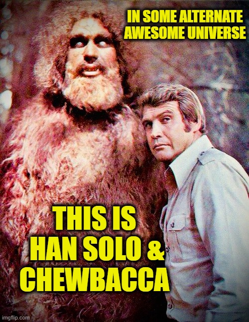 6 Million Dollar Solo | IN SOME ALTERNATE AWESOME UNIVERSE; THIS IS 
HAN SOLO &
CHEWBACCA | image tagged in star wars,han solo,andre the giant | made w/ Imgflip meme maker