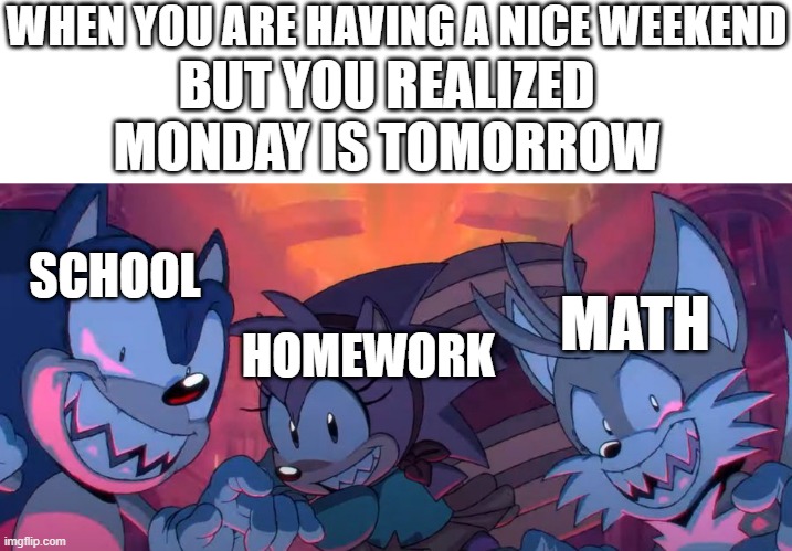 Mondays man... | WHEN YOU ARE HAVING A NICE WEEKEND; BUT YOU REALIZED MONDAY IS TOMORROW; SCHOOL; MATH; HOMEWORK | image tagged in sonic the hedgehog,school | made w/ Imgflip meme maker
