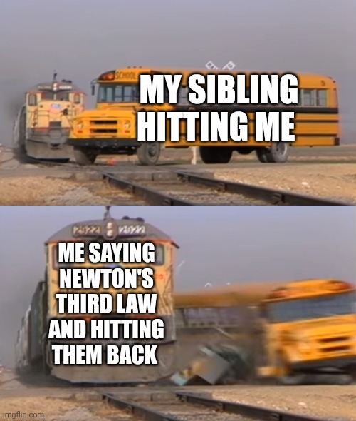 Newton's Third Law | MY SIBLING HITTING ME; ME SAYING NEWTON'S THIRD LAW AND HITTING THEM BACK | image tagged in a train hitting a school bus,science | made w/ Imgflip meme maker