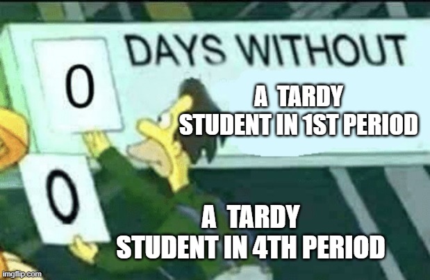 0 days without (Lenny, Simpsons) | A  TARDY STUDENT IN 1ST PERIOD; A  TARDY STUDENT IN 4TH PERIOD | image tagged in 0 days without lenny simpsons | made w/ Imgflip meme maker