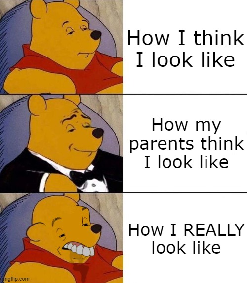 Based on a true story | How I think I look like; How my parents think I look like; How I REALLY look like | image tagged in best better blurst | made w/ Imgflip meme maker