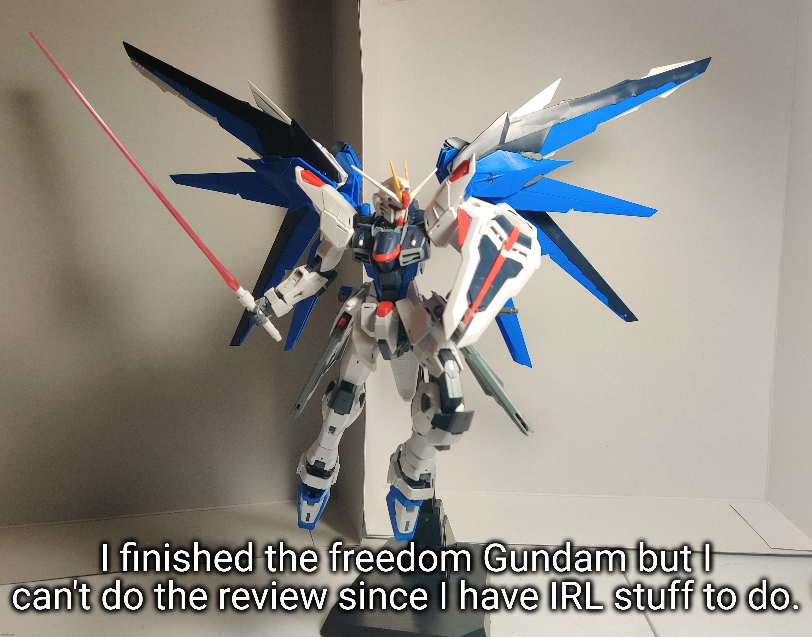 It came with it's own stand! ... It's not the best but it's still good to see in any Gundam kit | I finished the freedom Gundam but I can't do the review since I have IRL stuff to do. | made w/ Imgflip meme maker