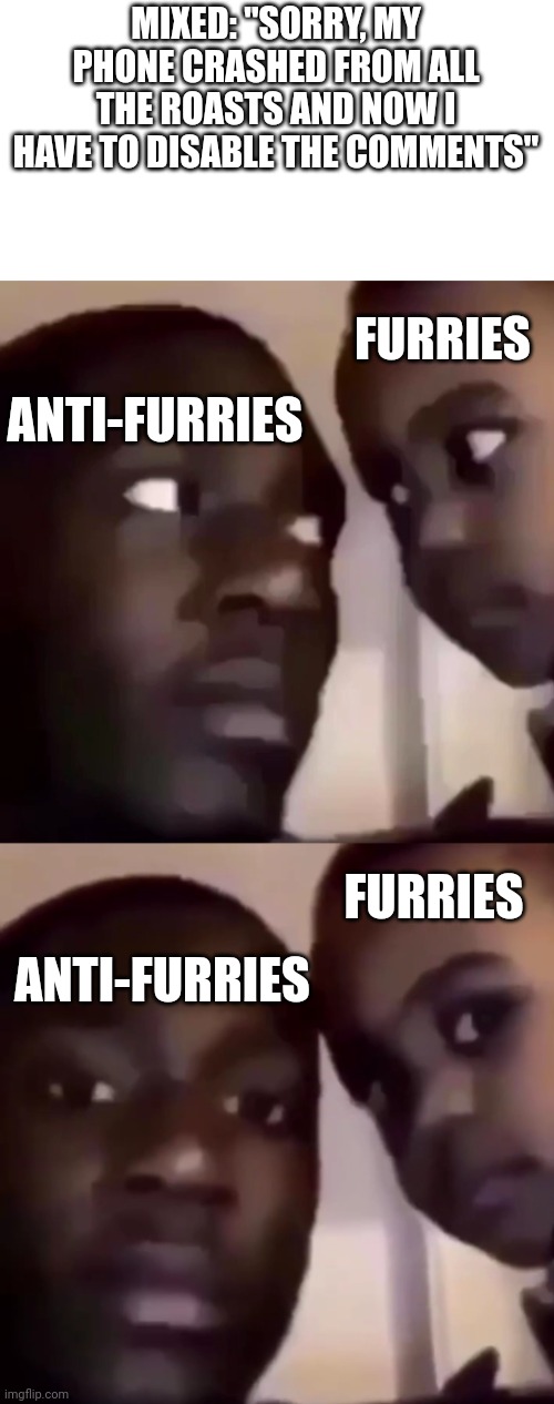 Mixed is a baby | MIXED: "SORRY, MY PHONE CRASHED FROM ALL THE ROASTS AND NOW I HAVE TO DISABLE THE COMMENTS"; FURRIES; ANTI-FURRIES; FURRIES; ANTI-FURRIES | image tagged in mixed | made w/ Imgflip meme maker