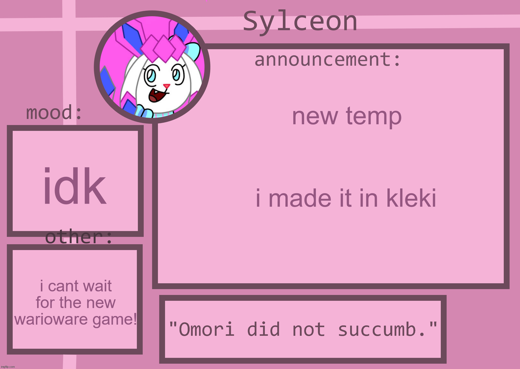 sylceon announcment temp | new temp; idk; i made it in kleki; i cant wait for the new warioware game! | image tagged in sylceon announcment temp | made w/ Imgflip meme maker