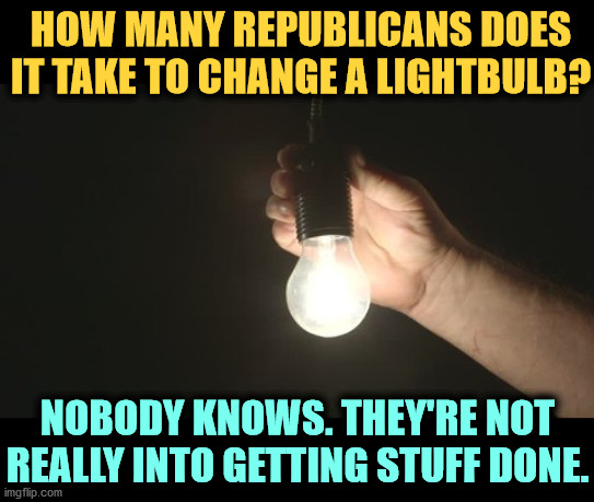 HOW MANY REPUBLICANS DOES IT TAKE TO CHANGE A LIGHTBULB? NOBODY KNOWS. THEY'RE NOT REALLY INTO GETTING STUFF DONE. | image tagged in republicans,change,lightbulb,zero | made w/ Imgflip meme maker