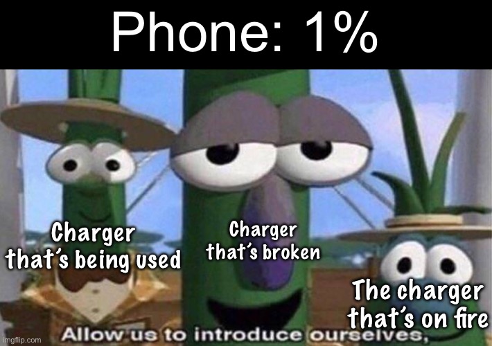 WHY | Phone: 1%; Charger that’s broken; Charger that’s being used; The charger that’s on fire | image tagged in veggietales 'allow us to introduce ourselfs',memes | made w/ Imgflip meme maker