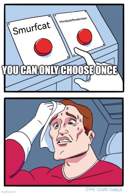 Two Buttons | Mondayleftmebroken; Smurfcat; YOU CAN ONLY CHOOSE ONCE | image tagged in memes,two buttons,smurf,relatable,funny memes | made w/ Imgflip meme maker