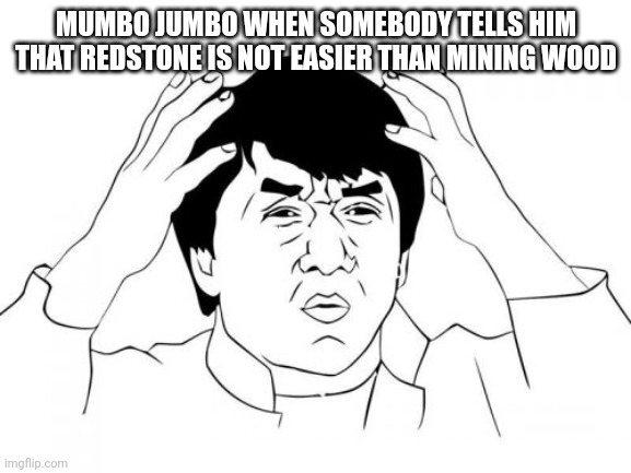 Jackie Chan WTF | MUMBO JUMBO WHEN SOMEBODY TELLS HIM THAT REDSTONE IS NOT EASIER THAN MINING WOOD | image tagged in memes,jackie chan wtf | made w/ Imgflip meme maker