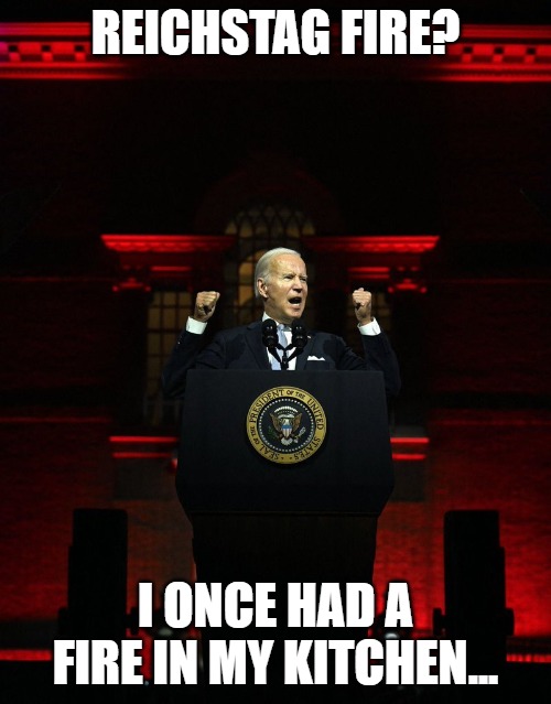 Joe biden creepy hitler speech | REICHSTAG FIRE? I ONCE HAD A FIRE IN MY KITCHEN... | image tagged in joe biden creepy hitler speech | made w/ Imgflip meme maker