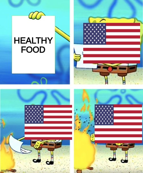 america healthy food | HEALTHY
FOOD | image tagged in spongebob burning paper | made w/ Imgflip meme maker